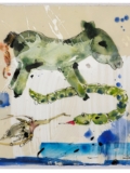 2018, Gesso, Acryl, Schellack und Enkaustik auf Papier, 31,5 x 28 cm Die Beschützer – Hommage an Georgette Klein